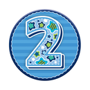 Six small birthday badges featuring age 2 from Tiger Feet, with colorful designs and "Happy Birthday" themes.