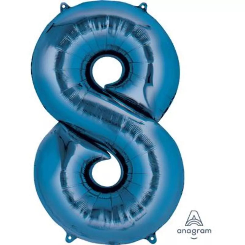 Blue 34-inch Anagram foil balloon shaped as the number 8, ideal for celebrations and party decorations.