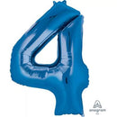 Blue Anagram foil balloon shaped as the number 4, 34 inches tall, with a shiny metallic finish perfect for celebrations.