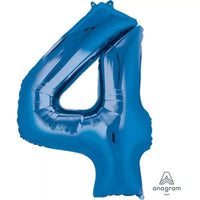 Blue Anagram foil balloon shaped as the number 4, 34 inches tall, with a shiny metallic finish perfect for celebrations.