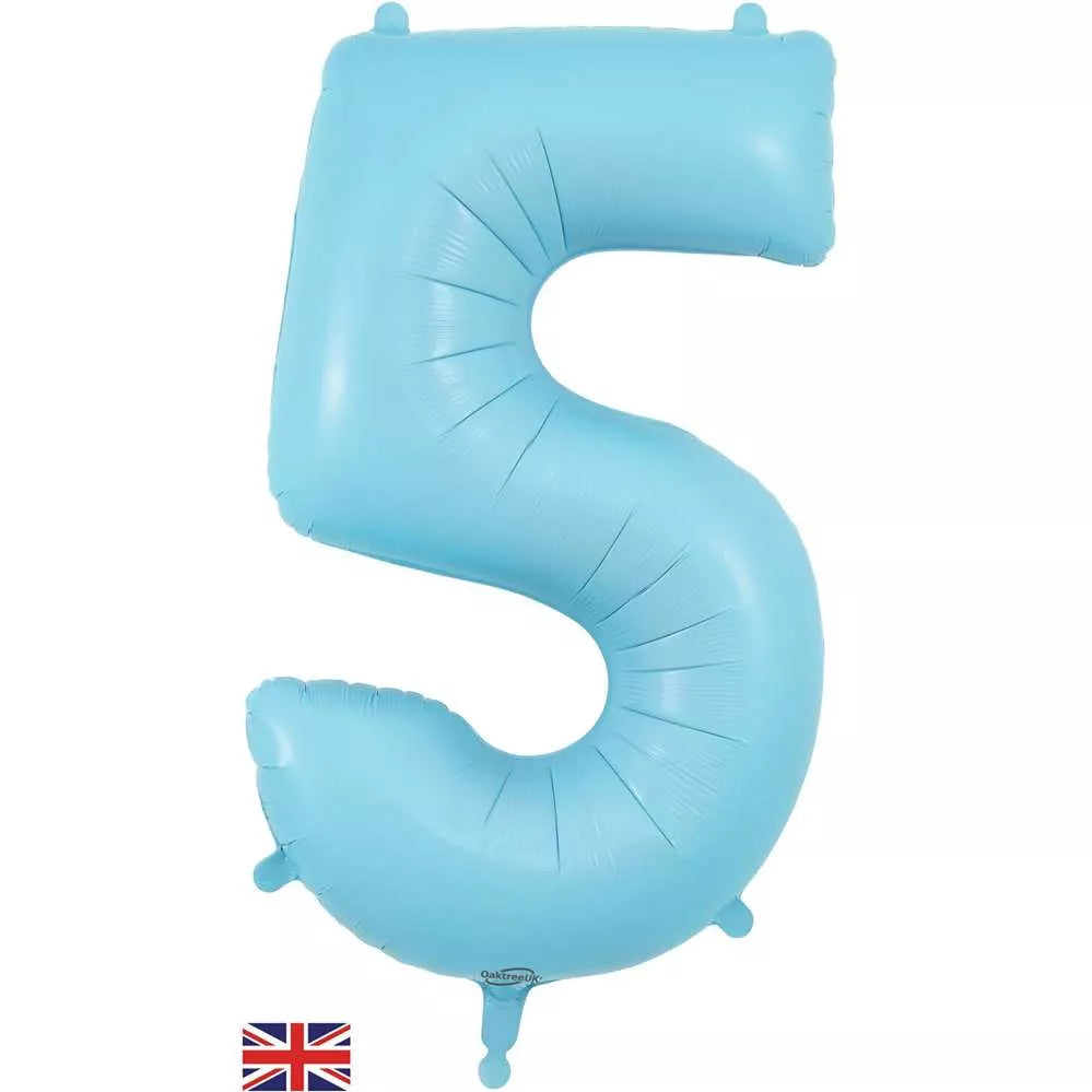 Oaktree matte blue foil balloon shaped as the number 5, 34 inches tall, with a shiny surface and vibrant blue color.