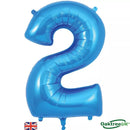 Oaktree blue foil balloon in the shape of the number 2, 34 inches tall, festive party decoration.