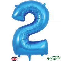 Oaktree blue foil balloon in the shape of the number 2, 34 inches tall, festive party decoration.