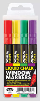 Assorted liquid chalks in a County Stationery 4-pack, featuring colorful chalk bottles with black caps and vibrant chalk liquid inside.