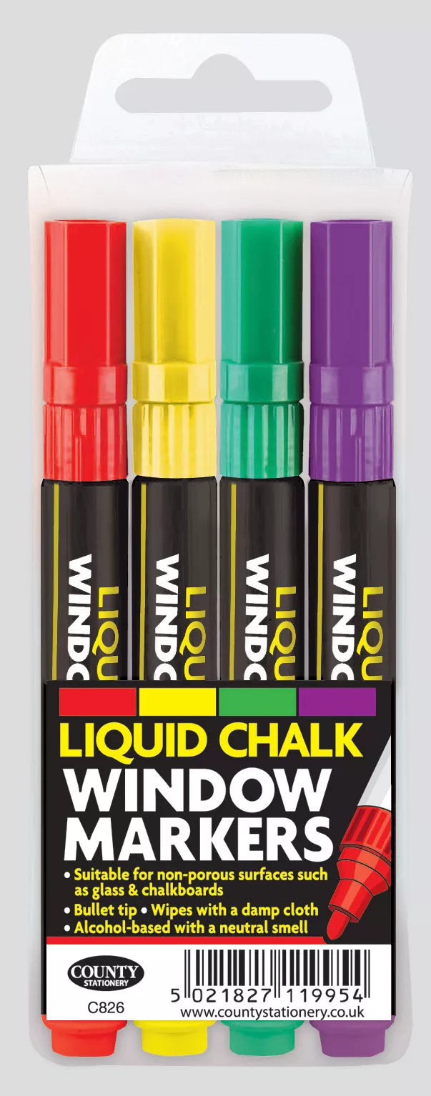 Assorted liquid chalks in a County Stationery 4-pack, featuring colorful chalk bottles with black caps and vibrant chalk liquid inside.