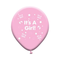 Eight pink latex balloons with printed "Birth Girl" design, perfect for baby shower or gender reveal celebrations.