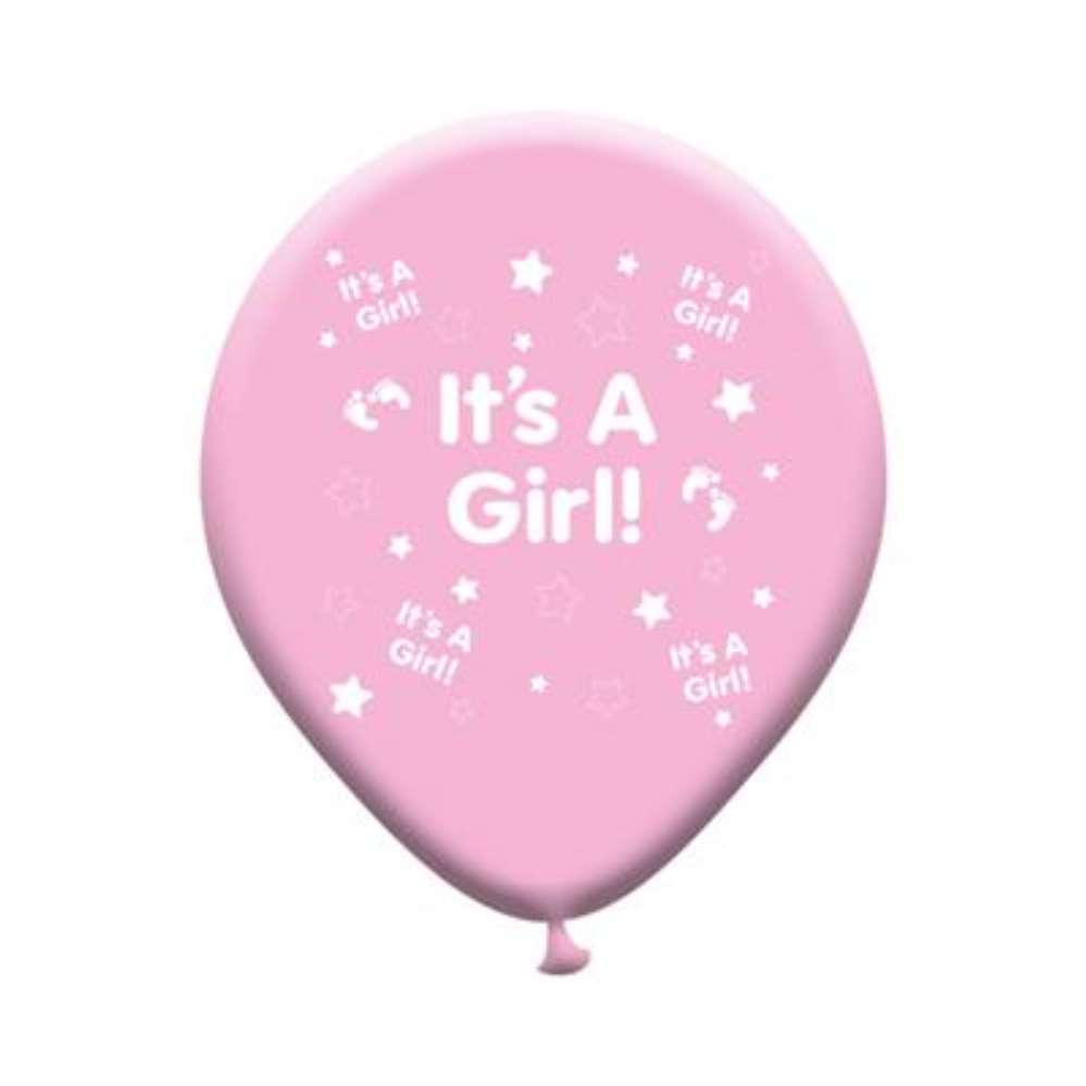 Eight pink latex balloons with printed "Birth Girl" design, perfect for baby shower or gender reveal celebrations.