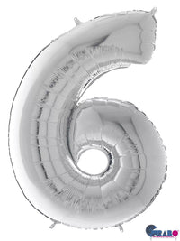 Silver Grabo foil balloon shaped as the number 6, measuring 26 inches tall, perfect for celebrations and decorations.