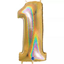 Gold Grabo foil balloon in the shape of the number 1 with holographic glitter, 40-inch size, shiny and festive for celebrations.