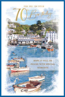 Six Simon Elvin C75 birthday cards featuring large "70" age design and colorful illustrations for milestone celebrations.