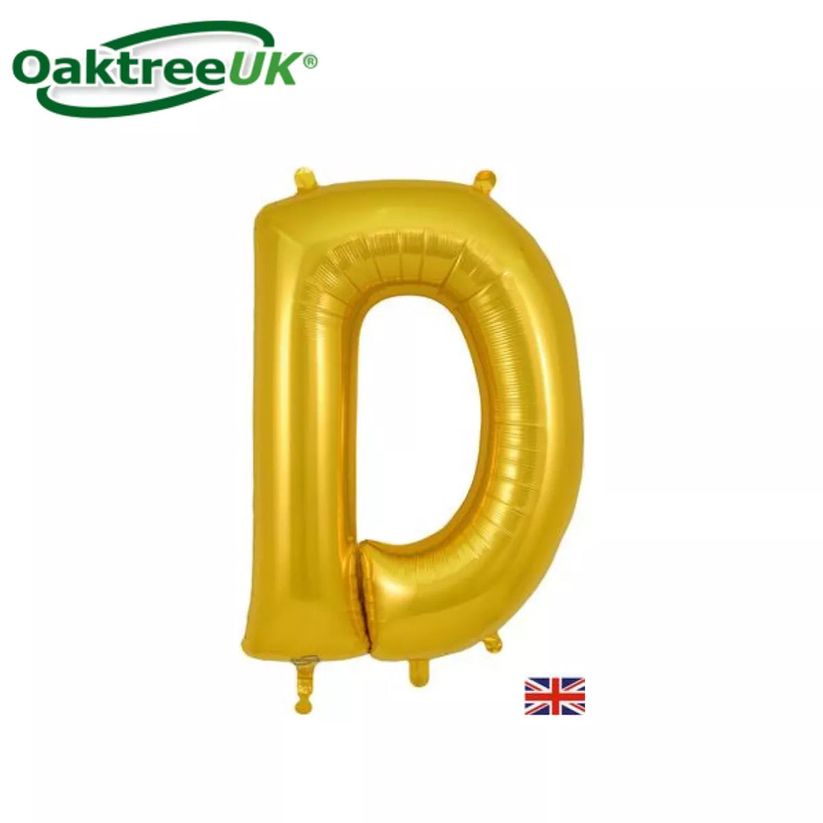 Gold foil balloon shaped as the letter D from Oaktree, 34 inches tall, perfect for celebrations and party decorations.
