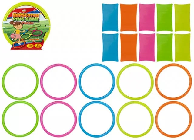 Colorful Hopscotch Ring Game toy by PMS International with rings and numbered stones for outdoor play and coordination.