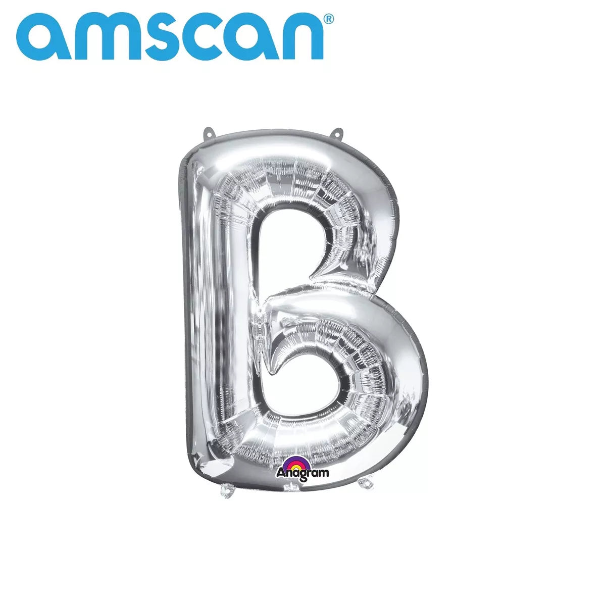 Silver 16-inch Anagram foil balloon shaped as the letter B, shiny metallic finish, floating against a plain background.