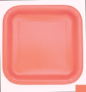 Set of 14 coral square plates by Unique, 9-inch dinner plates with a modern design, perfect for parties and gatherings.