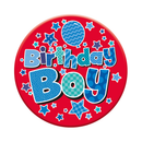 Six small birthday open badges by Tiger Feet featuring colorful designs for celebration and party decorations.