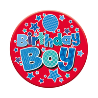 Six small birthday open badges by Tiger Feet featuring colorful designs for celebration and party decorations.