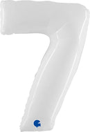 Shiny white Grabo foil balloon in the shape of the number 7, measuring 40 inches tall for celebrations and decorations.