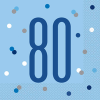Blue Glitz 80th birthday lunch napkins by Unique, 16-pack, featuring shiny blue design for special celebration tableware.