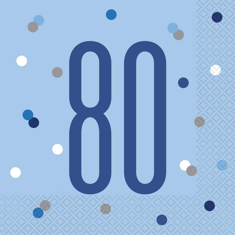 Blue Glitz 80th birthday lunch napkins by Unique, 16-pack, featuring shiny blue design for special celebration tableware.