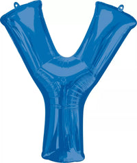 Blue Anagram foil balloon in the shape of the letter Y, measuring 34 inches tall, perfect for celebrations and decorations.