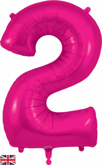 Oaktree pink foil balloon in the shape of the number 2, 34 inches tall, with shiny, reflective surface for celebration decorations.