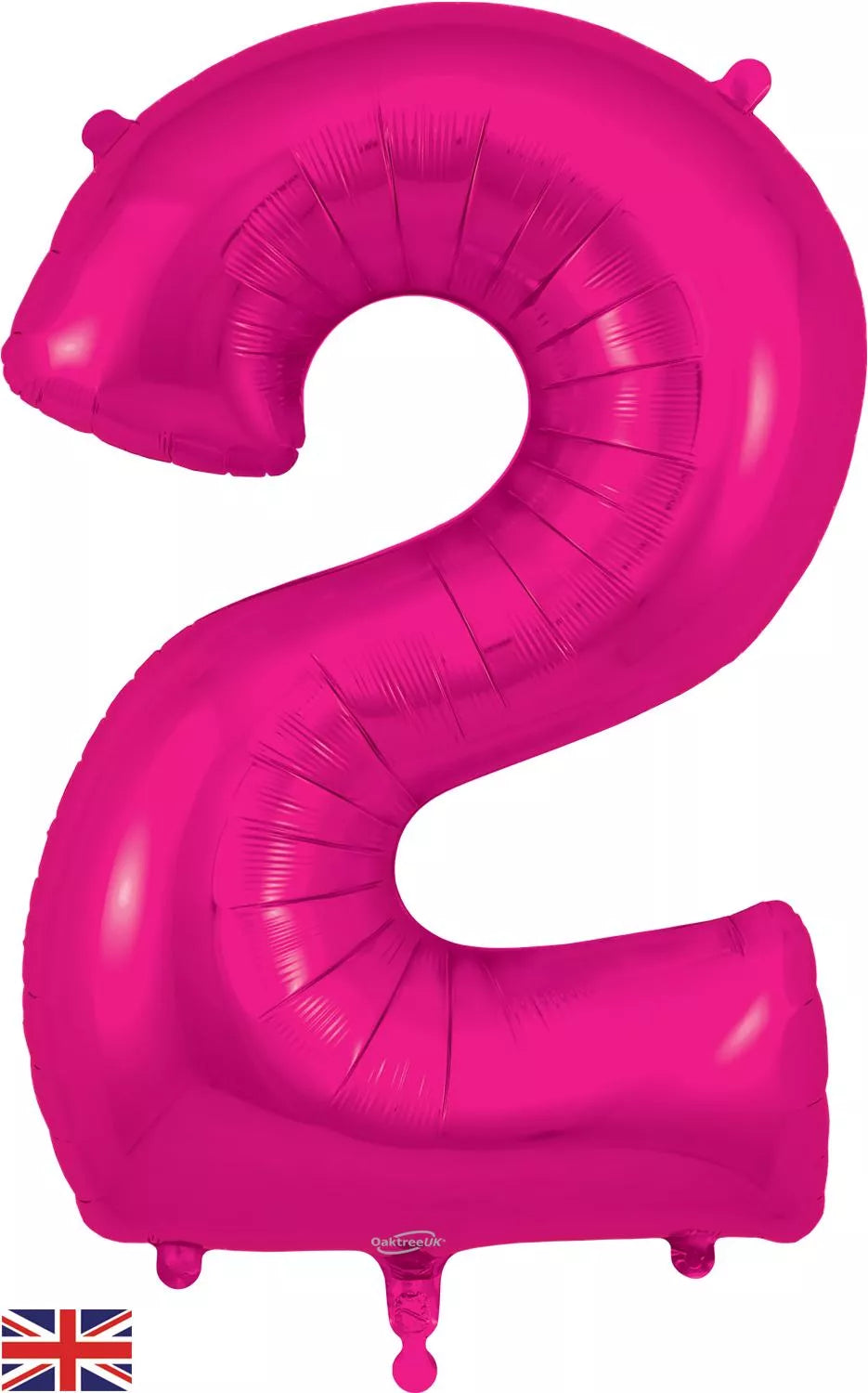 Oaktree pink foil balloon in the shape of the number 2, 34 inches tall, with shiny, reflective surface for celebration decorations.