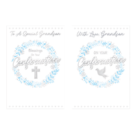 Set of Kingsley 12 Pack Confirmation Cards with C50 design, featuring religious symbols and elegant text for grandson's confirmation.