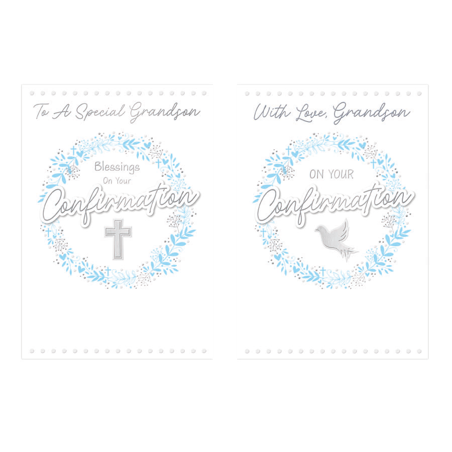 Set of Kingsley 12 Pack Confirmation Cards with C50 design, featuring religious symbols and elegant text for grandson's confirmation.