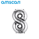 Silver Anagram foil balloon in a 16-inch number 8 shape, shiny and reflective, suitable for celebrations and decorations