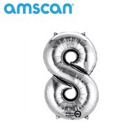 Silver Anagram foil balloon in a 16-inch number 8 shape, shiny and reflective, suitable for celebrations and decorations