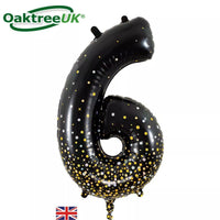 Oaktree black and gold foil balloon shaped as the number 6, 34 inches tall, with shiny metallic finish for celebration decor