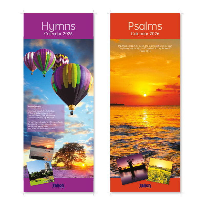 Tallon 24-pack calendar featuring hymns and psalms, super slim design with colorful religious-themed illustrations.