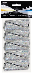 Unique Cone Party Poppers Silver Holographic 10pk