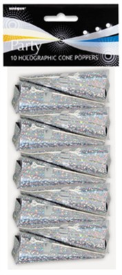 Unique Cone Party Poppers Silver Holographic 10pk