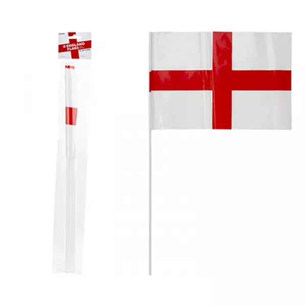 Four St George's flags on sticks, 12x8 inches, featuring the red and white cross, by PMS International.