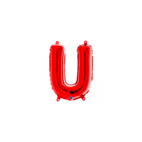 Red Grabo foil balloon in the shape of the letter U, 14 inches tall, with shiny metallic surface and printed brand logo.
