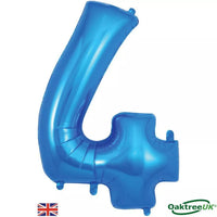 Blue Oaktree foil balloon shaped as the number 4, 34 inches tall, perfect for celebrations and party decorations.