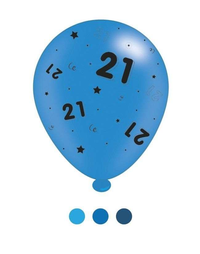 Set of 8 blue latex balloons with printed "Age 21" for birthday celebration, sized 10 inches, by APAC.