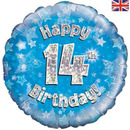 18" 14th Birthday Blue Holographic Foil Balloon
