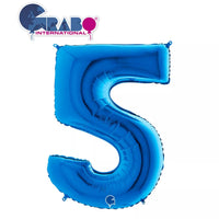 Blue Grabo foil balloon shaped as the number 5, measuring 40 inches, perfect for celebrations and decorations.