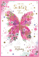 Six Simon Elvin C50 birthday sister cards featuring colorful designs, perfect for celebrating a special sister's birthday.