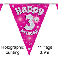 Bunting 11 Flags Pink Holographic Birthday Age 3