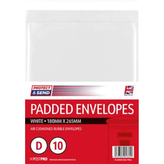10pk Padded Envelopes Size D 180x265mm White