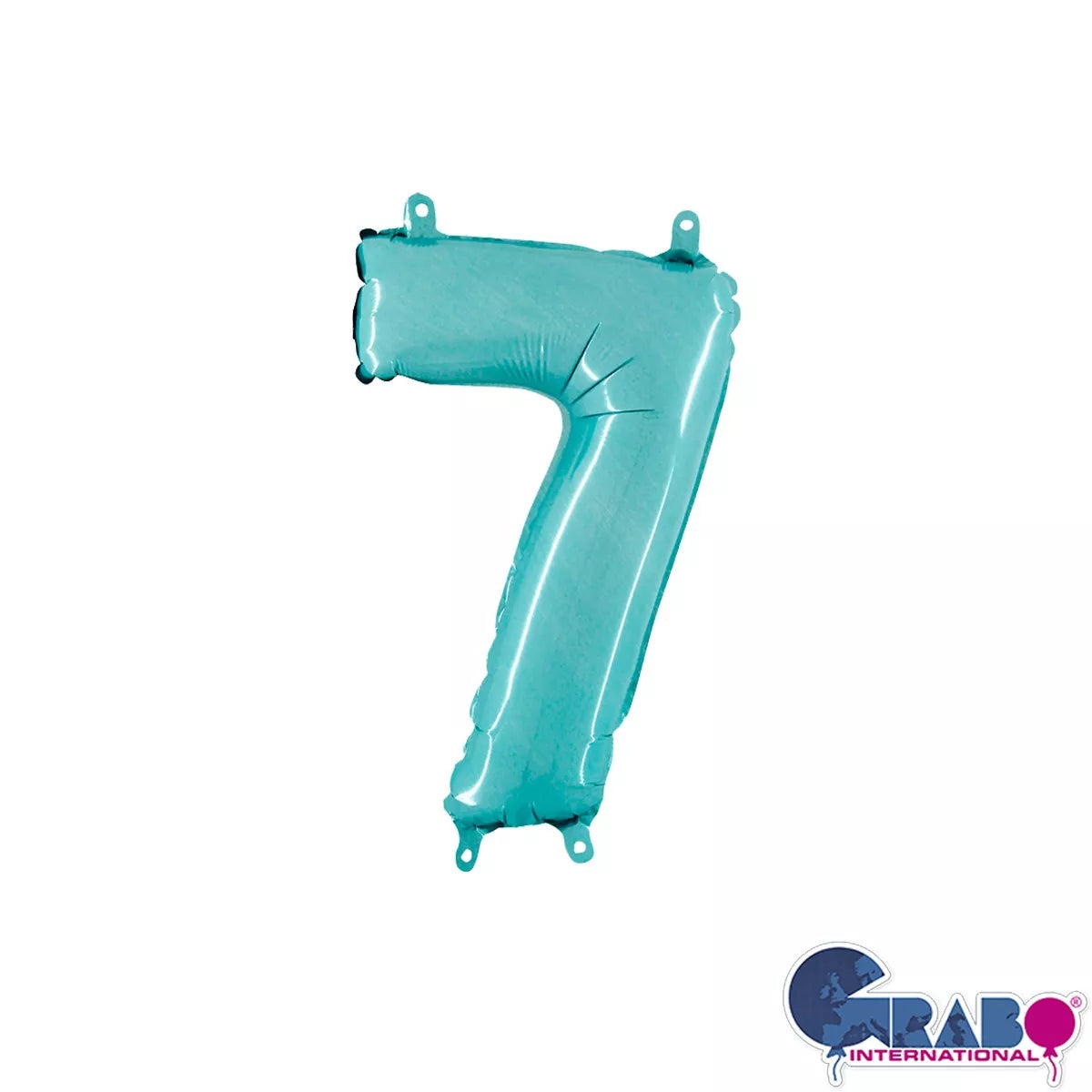 Pastel blue Grabo foil balloon in the shape of the number 7, 14-inch size, with shiny metallic finish.