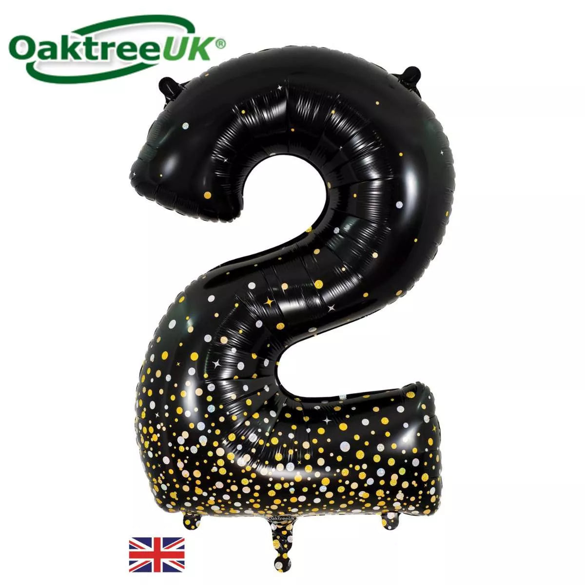 Oaktree black and gold foil number 2 balloon, 34 inches tall, decorative foil balloon for celebrations.