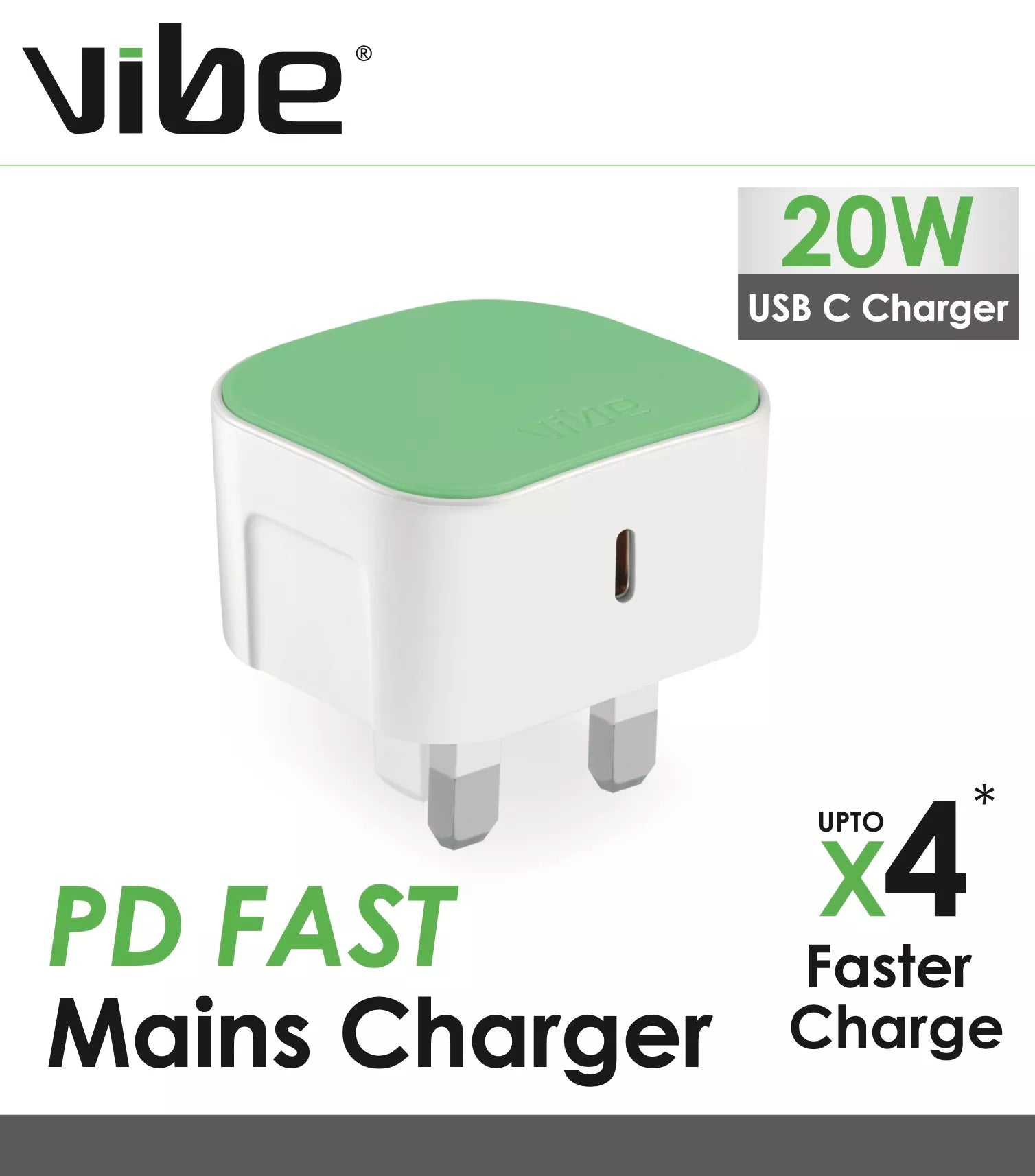 Vibe Centre Superfast Type C mains charger with USB-C port, compact design, and black plastic body for fast device charging