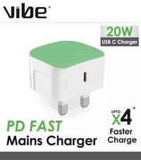 Vibe Centre Superfast Type C mains charger with USB-C port, compact design, and black plastic body for fast device charging