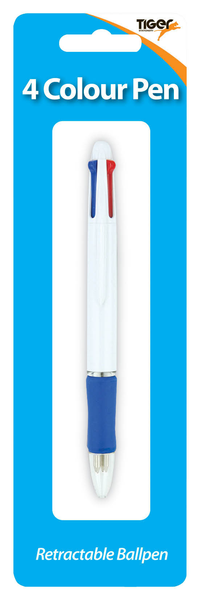Tiger Stationery ballpoint pen with four ink colors in a sleek design, featuring a clip and multiple color selectors.