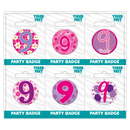 Six small Tiger Feet birthday badges featuring the number 9 for celebrating age nine. Bright, colorful badge designs.