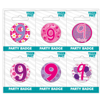 Six small Tiger Feet birthday badges featuring the number 9 for celebrating age nine. Bright, colorful badge designs.
